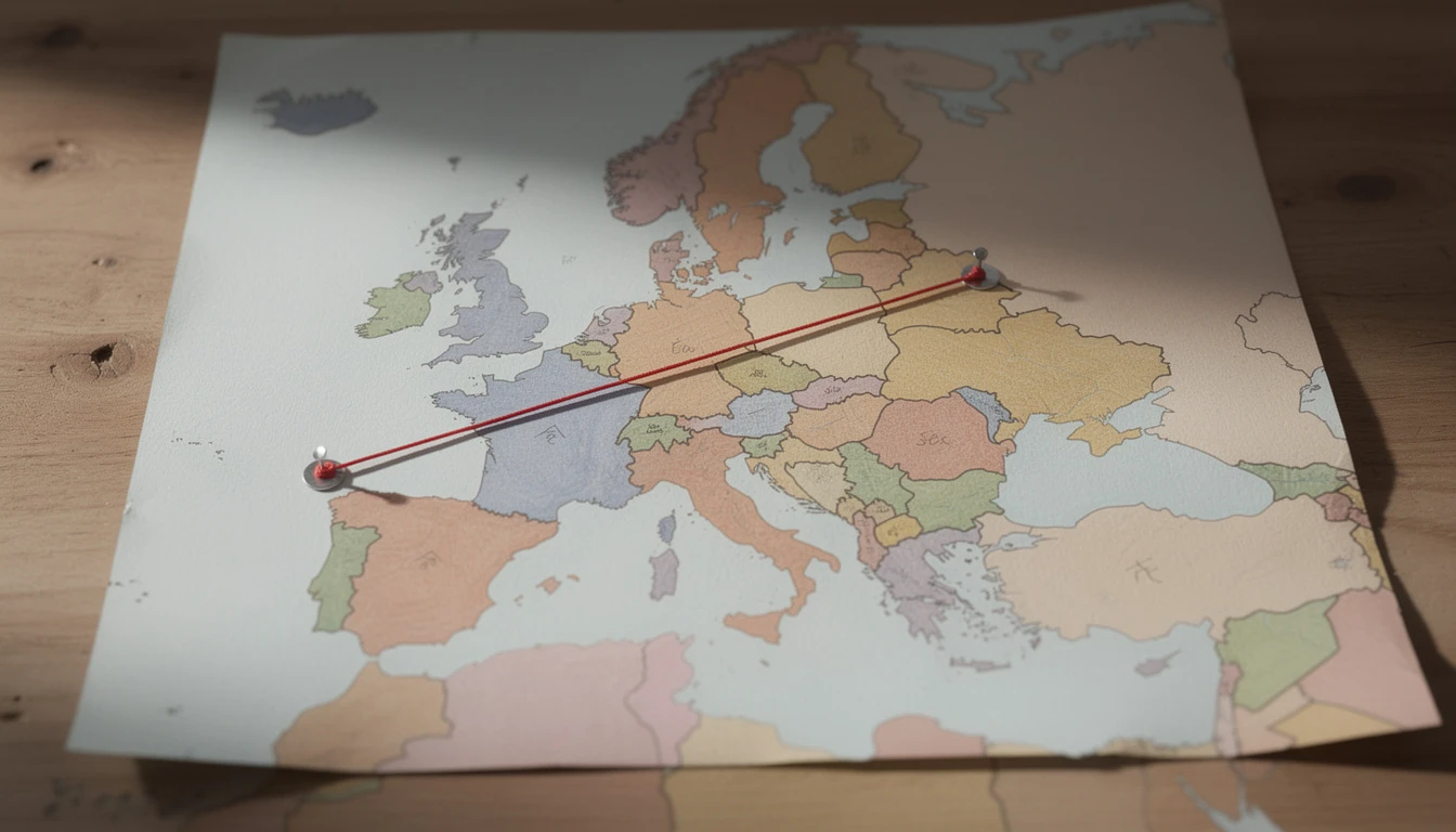 Papierowa mapa Europy leży na biurku z czerwoną nicią między dwoma punktami