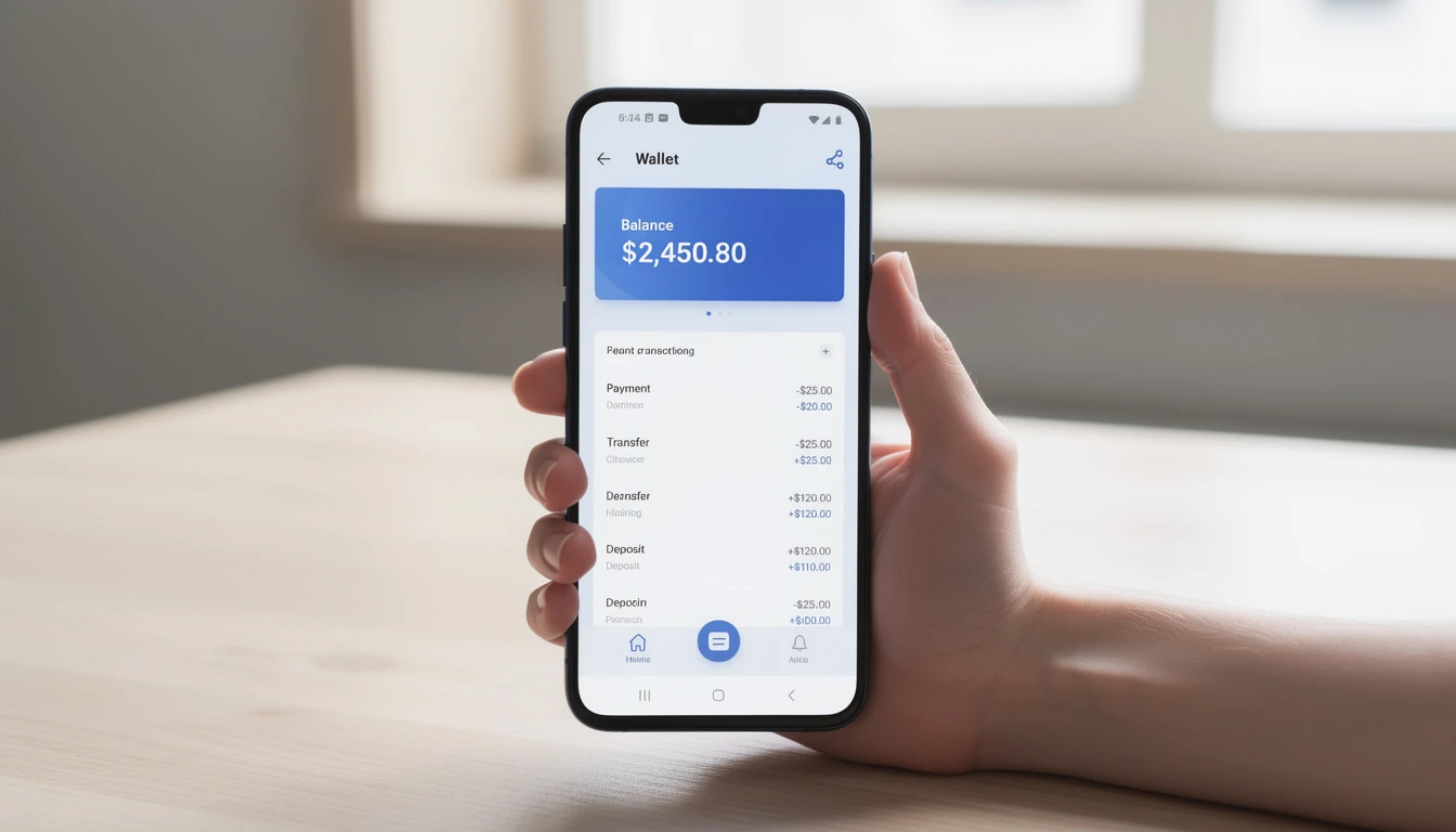 Smartfon w dłoni z aplikacją portfela elektronicznego na ekranie głównym