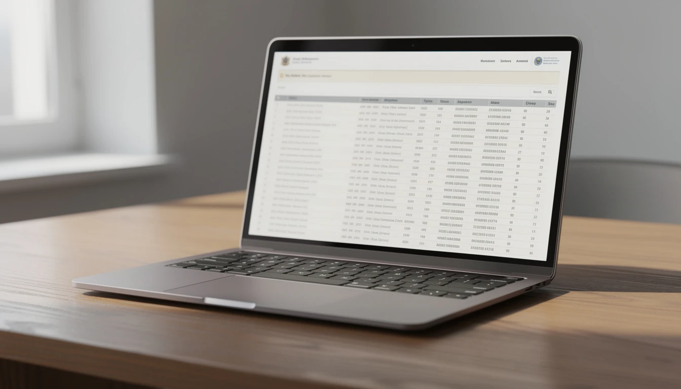 Laptop z ekranem strony rządowej z listą zablokowanych domen